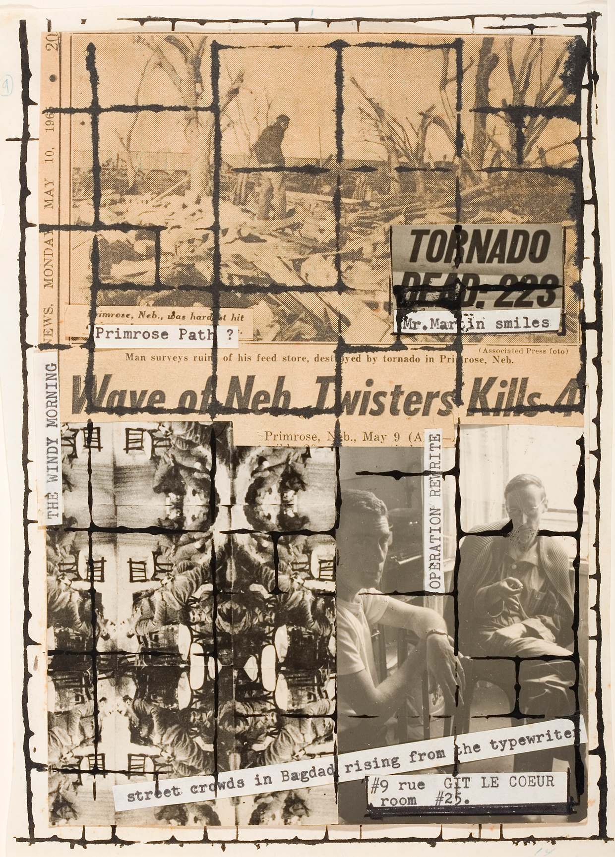 The Beat Generation members often worked collaboratively on works. Here, William Burroughs and Brion Gysin worked together on a "cut-up" piece, a type of collage with text pioneered by Gysin and refined by Burroughs. © Archives Galerie de France