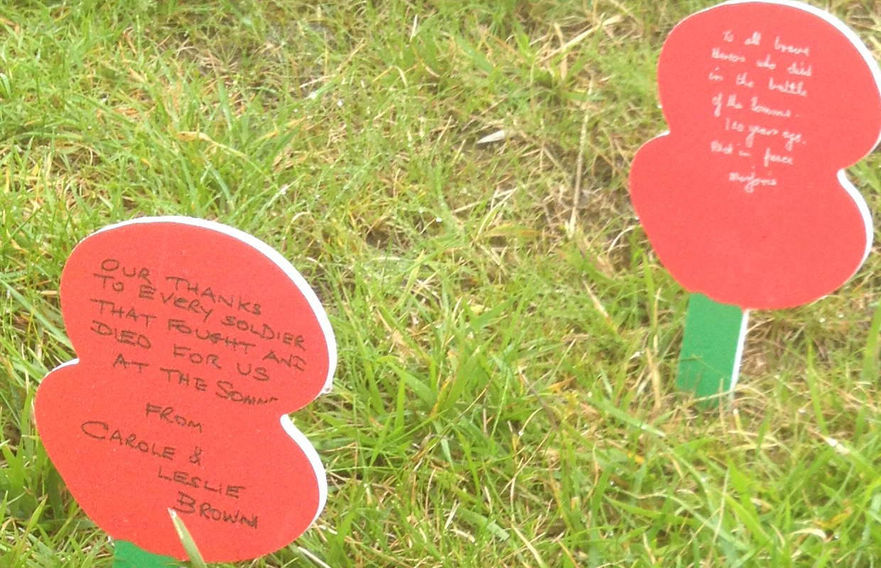 Cardboard poppies with messages written by pupils for a commemoration of the centenary of the Battle of the Somme.