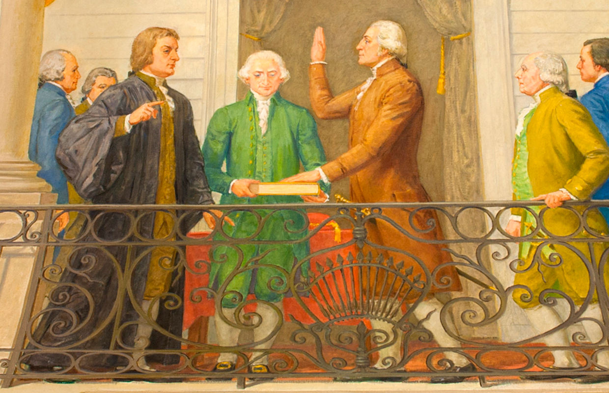 A painting in the Capitol, the U.S. parliament, of George Washington taking the Presidential Oath. 