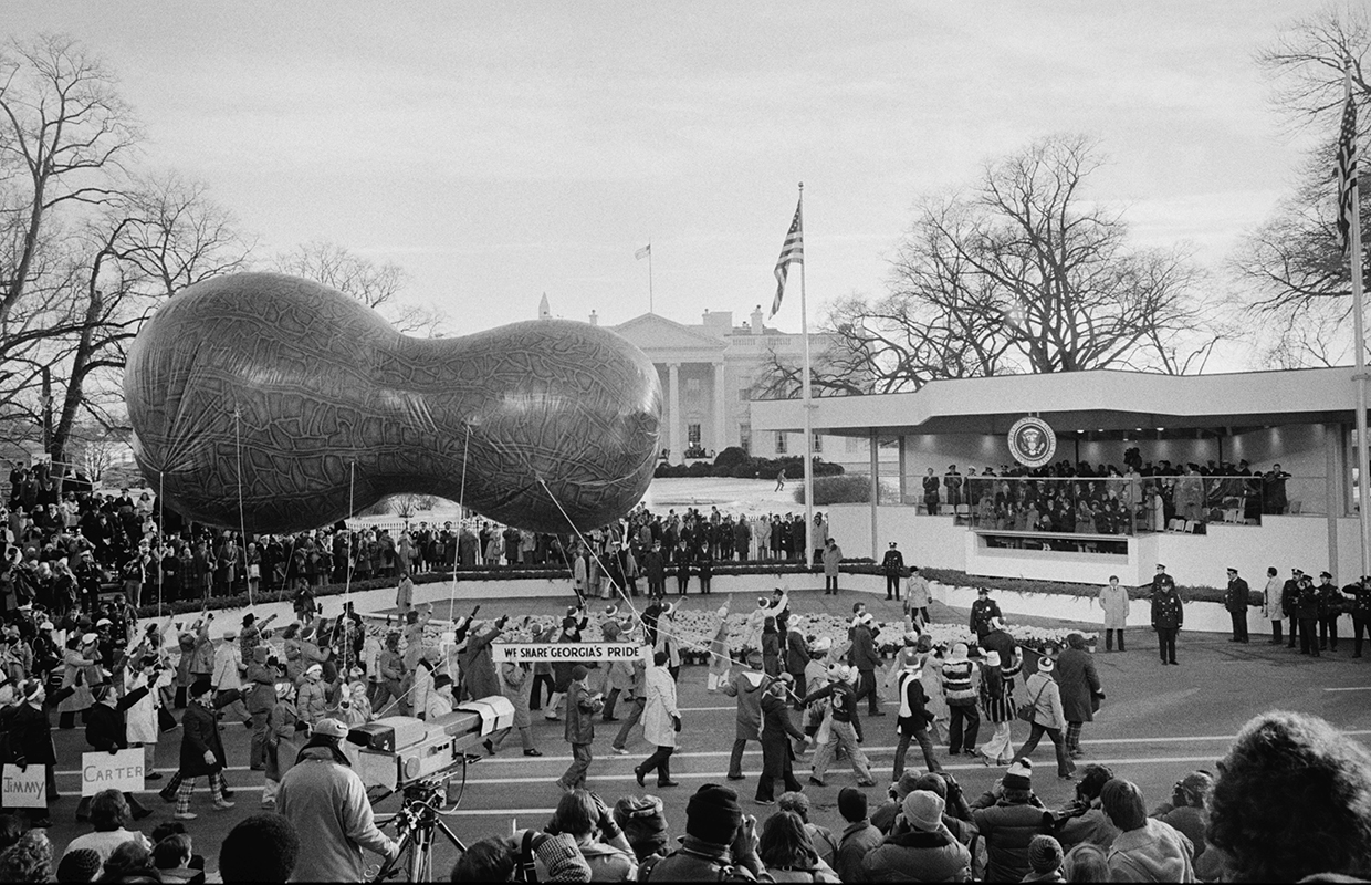 The Parade usually has elements associated with the new President, like this peanut-shaped float for President Jimmy Carter, who came from a Georgia peanut-farming family, in 1977.