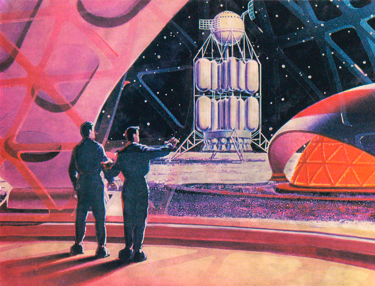Postcard On the first Lunar cosmodrome, Andrey Sokolov and Aleksey Leonov. 1968, Moscow Design Museum 