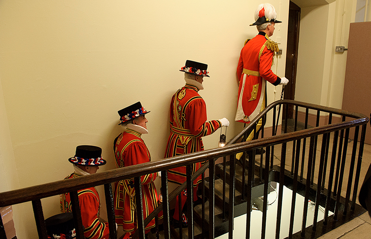 Beefeaters search Parliament's cellars for gunpowder. A quaint tradition that takes on poignant relevance given recent terrorist attacks outside Parilament. 