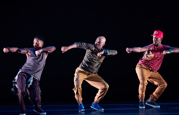 Daniel Harder, Matthew Rushing, & Glenn Sims in Rennie Harris' Exodus, choreographed to rap and electronic music.