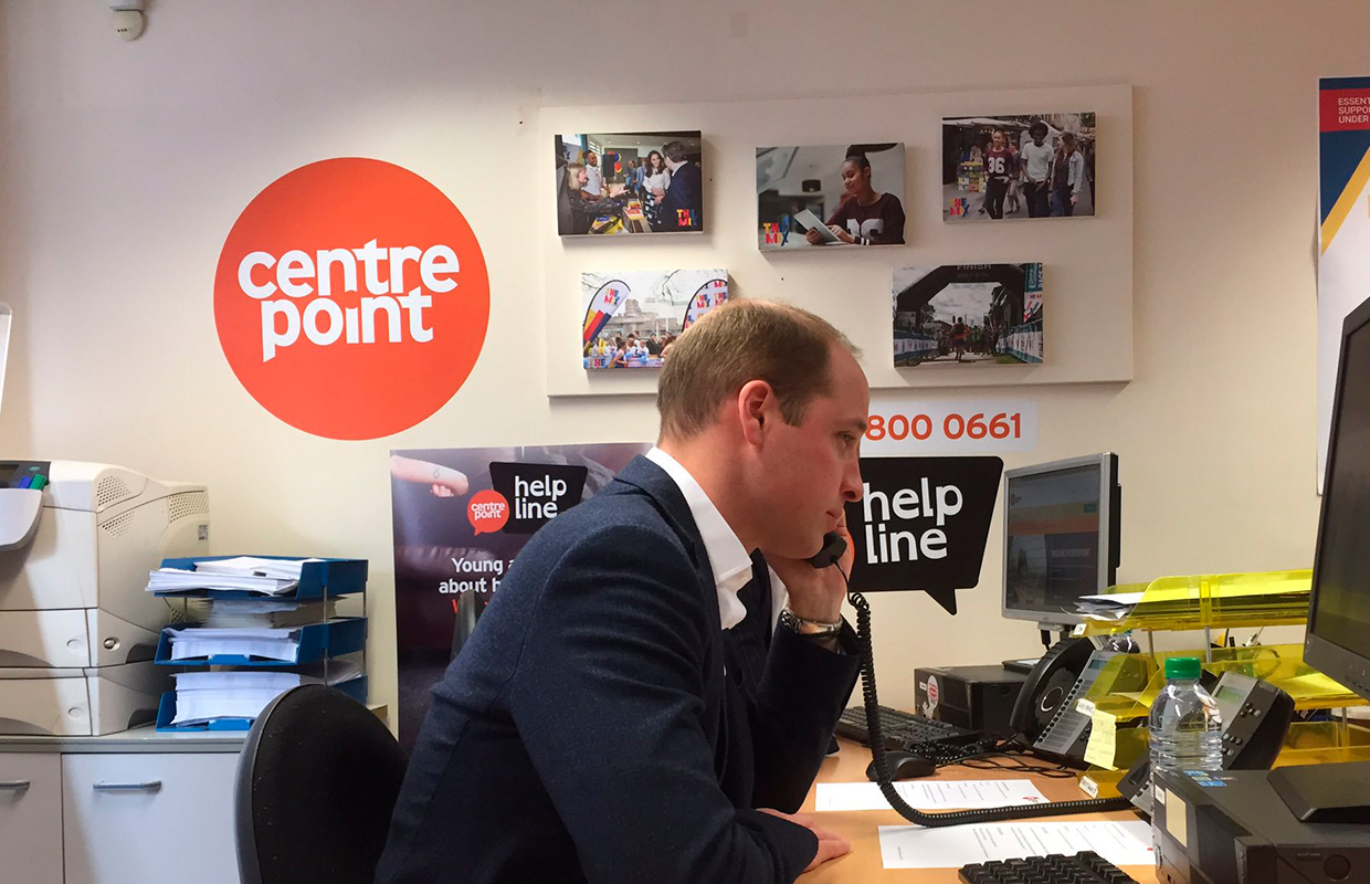 Prince William lends a hand on a phone helpline for young people facing homelessness at Centrepoint.