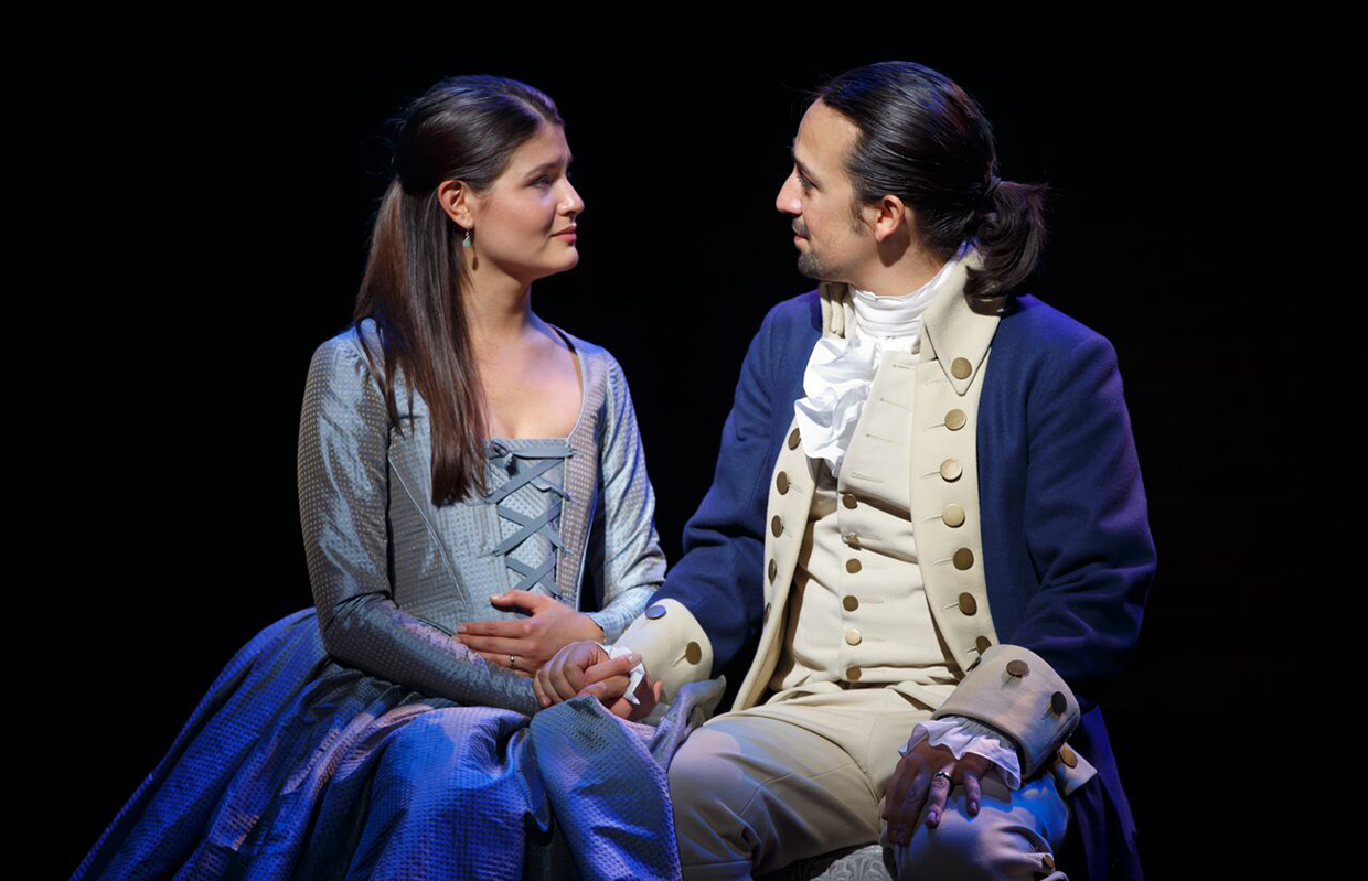 Phillipa Soo and Lin-Manuel Miranda in the Broadway production of Hamilton, with Miranda in the title role and Soo as Hamilton's wife.