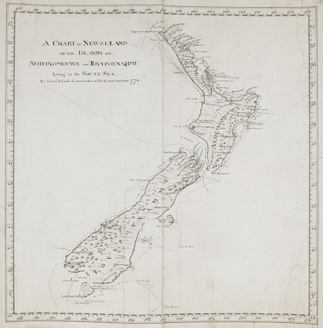 Cook's chart of New Zealand, the first in history. Cook's charts were still being used for navigation in the 1950s.