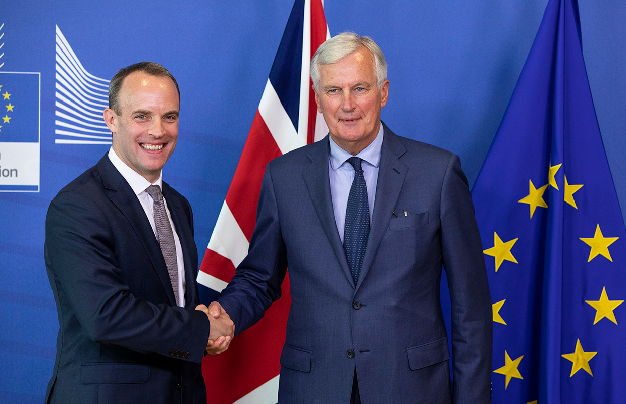 Britain's new Brexit minister Dominic Raab meets Michel Barnier, head of the EU negotiation team.