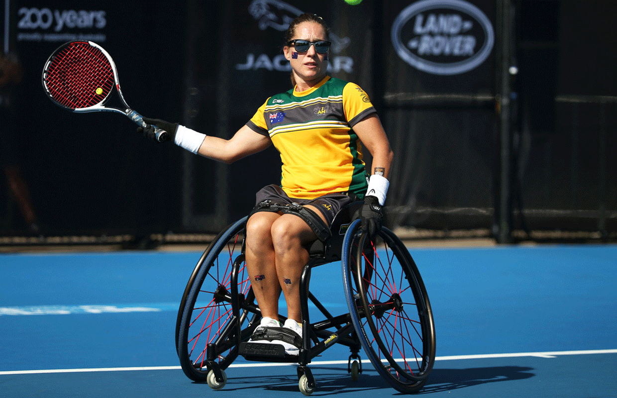 Trudy Lines of Australia competes in wheelchair tennis.