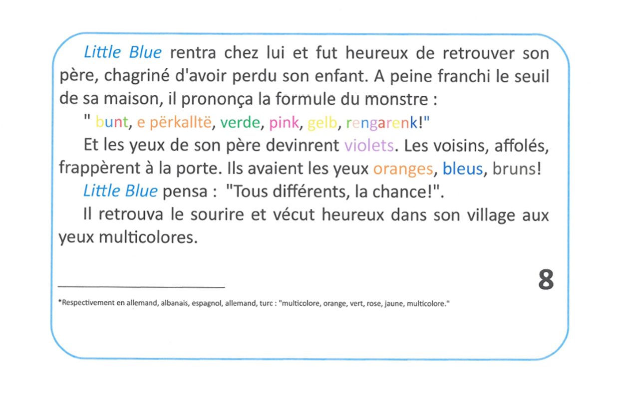 The last page of a winning story by two 6e classes at Collège Foch (Hagenau), called Little Blue et les yeux noirs.