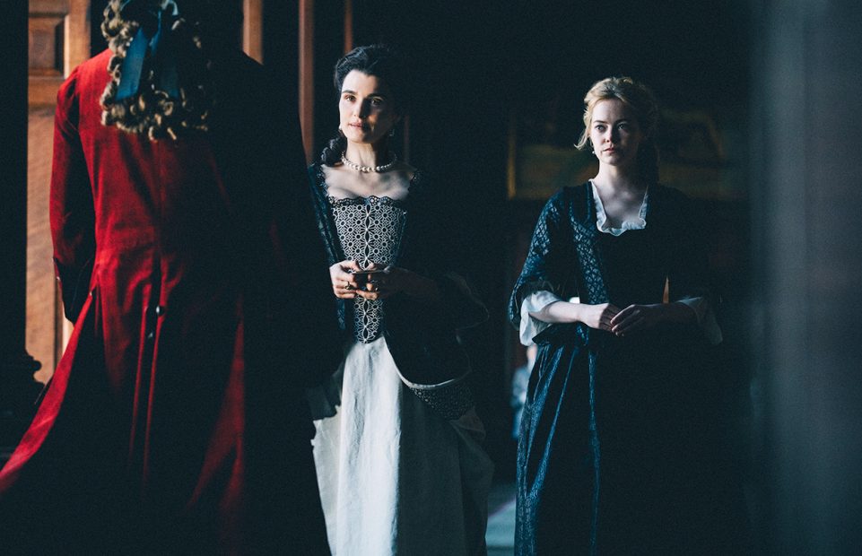 Rachel Weisz as Lady Sarah Churchill, and Emma Stone as Abigail.