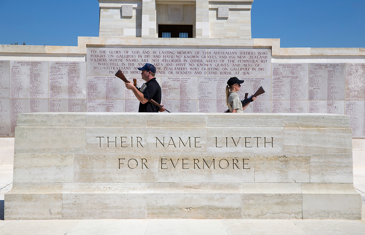 Australian Army soldiers Private Troy Barnier and Private Ashley Watts conduct rehearsals in preparation for the Lone Pine Memorial Service at Gallipoli, Turkey.
