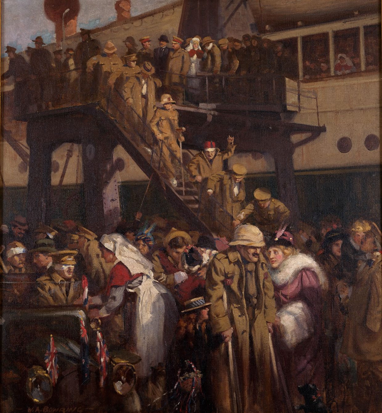The Homecoming from Gallipoli, by Walter Armiger Bowring, 1916. On 15 July 1915, the SS Willochra arrived in Wellington carrying the first batch of New Zealand wounded from Gallipoli. This painting is part of the New Zealand government’s War Art collection.