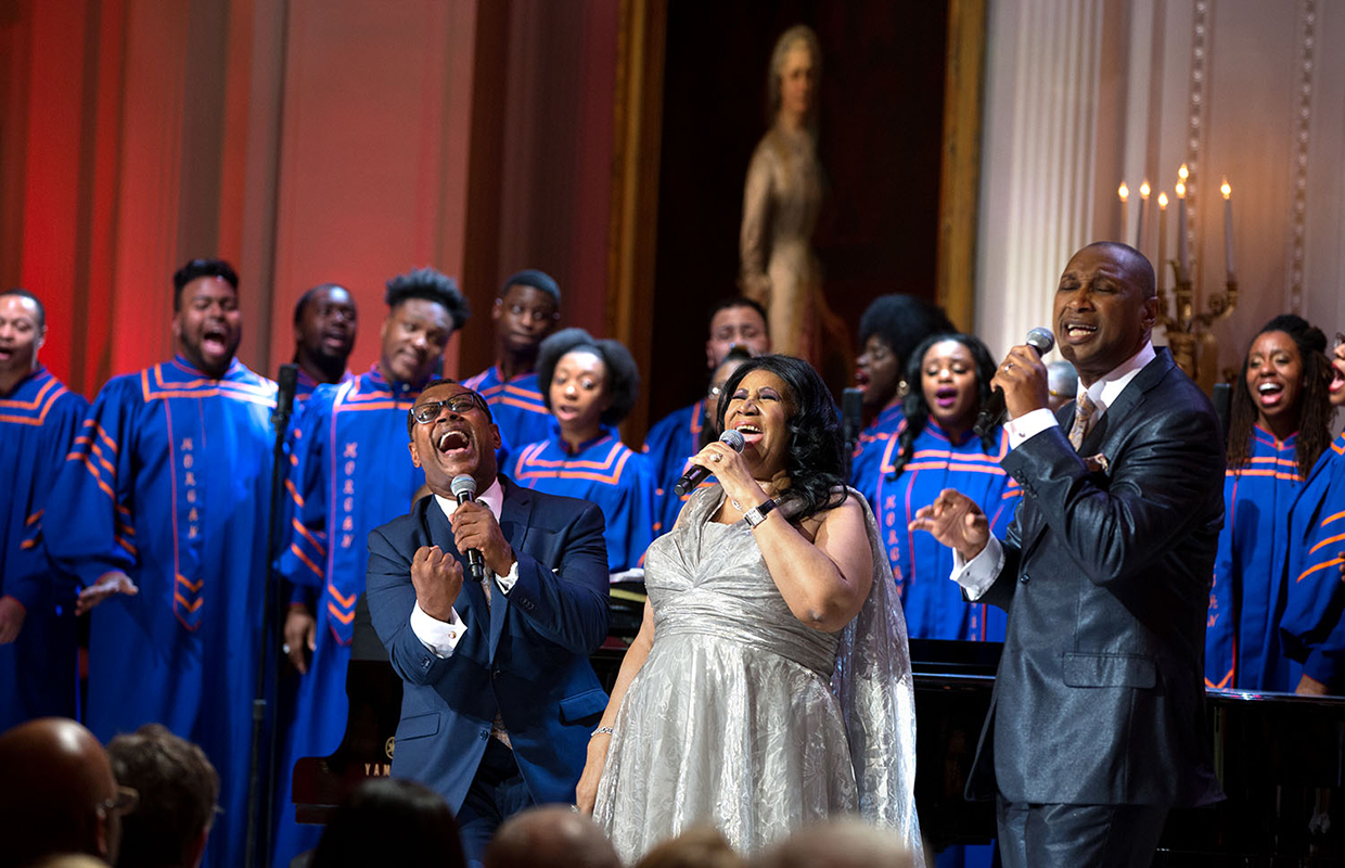 Aretha Franklin performs during "The Gospel Tradition: In Performance at the White House" in the East Room of the White House, April 14, 2015. 