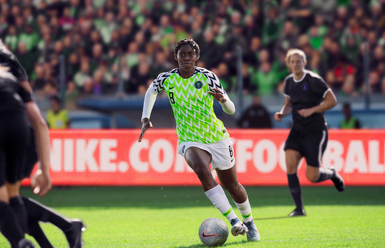 Asisat Oshoala, three-time African player of the year, shows off the new Nigeria kit.