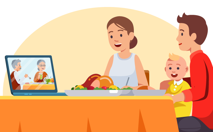 a family eat a Thanksgiving meal with a laptop computer showing the grandparents on a videoconference.