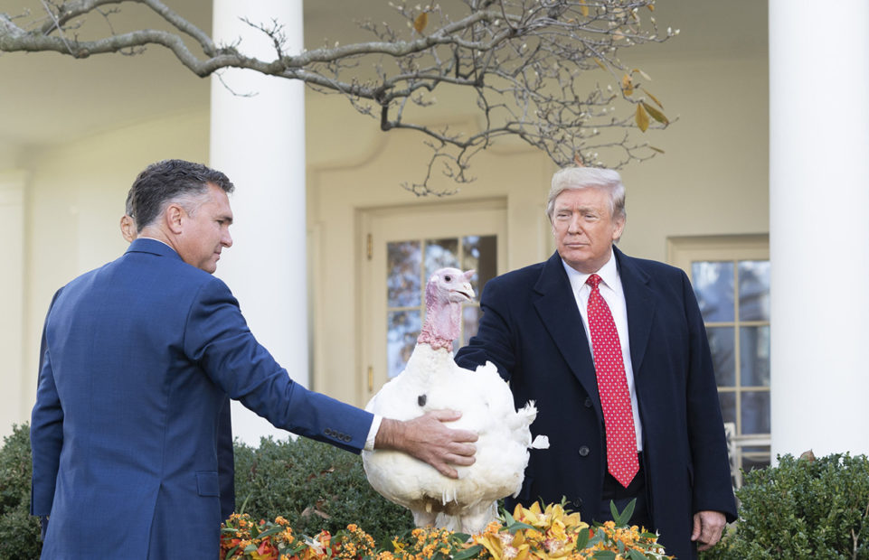 President Trump pardons a turkey, a traditional Thanksgiving ceremony.