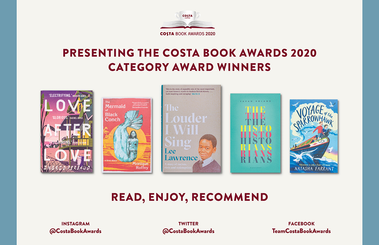 The Front covers of the five category winning books 2020 Costa Book Awards