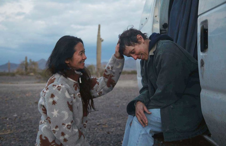 Director Chloe Zhao and star Frances McDormand on the set of Nomadland