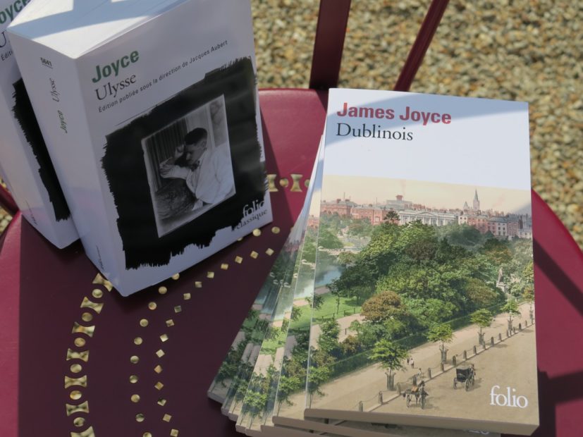 Copies of Ulysses and Dubliners in French in a park.