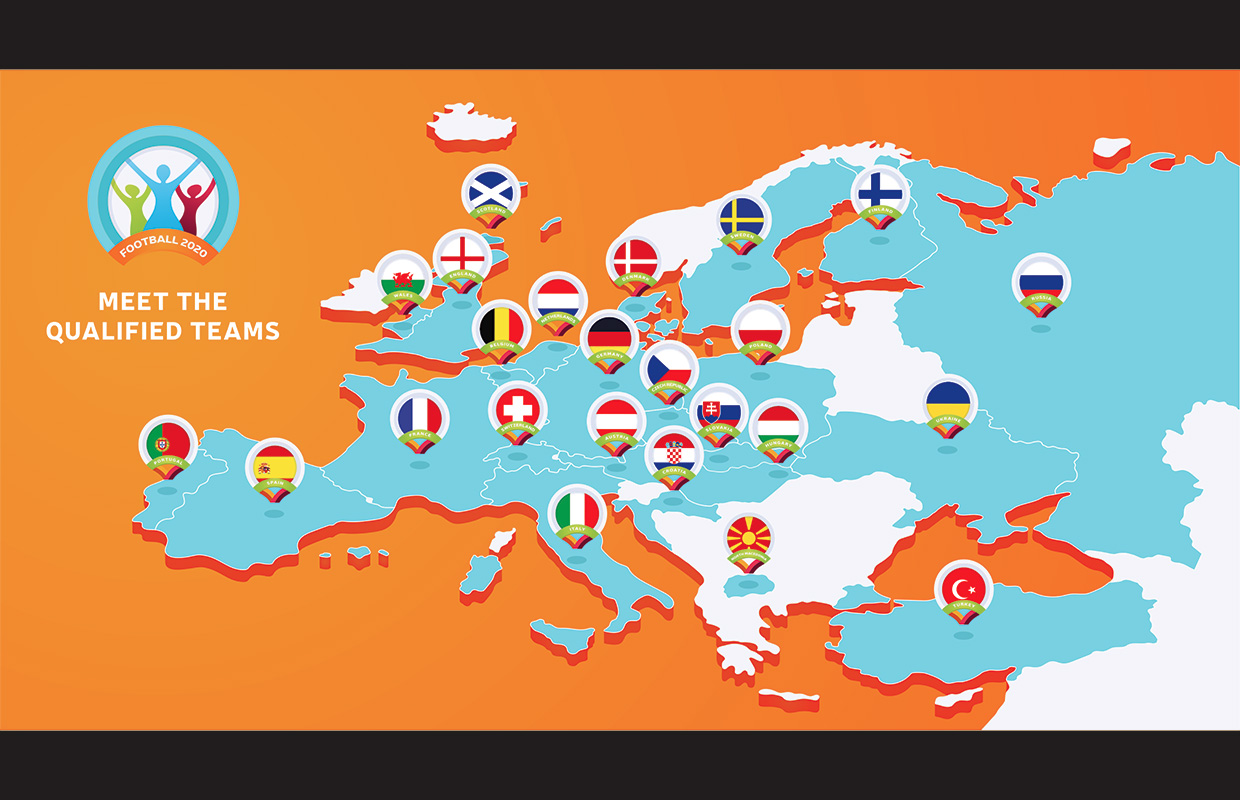 A map of Europe showing the countries qualified for Euro2020