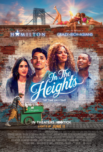 The poster for In the Heights with the main characters pictured on the side of a building.