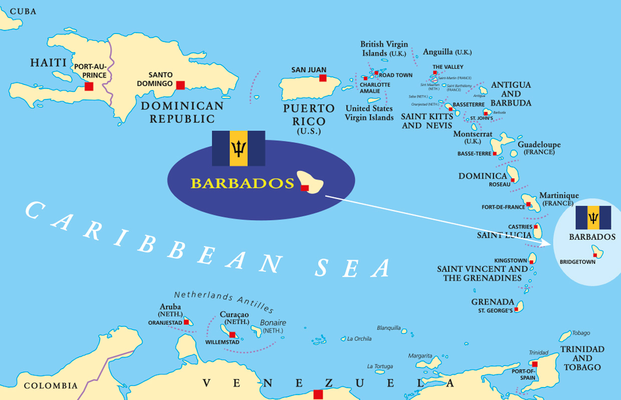 A map of the Caribbean islands with a spotlight on Barbados showing its flag.