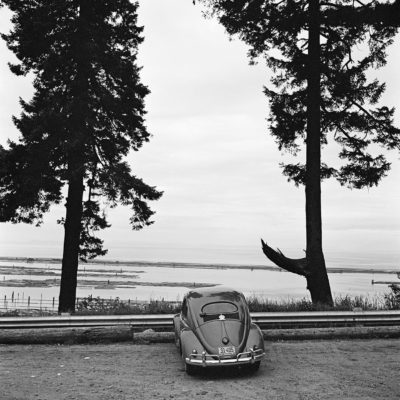 A Volkswagen Beetle car parked looking out onto a body of water
