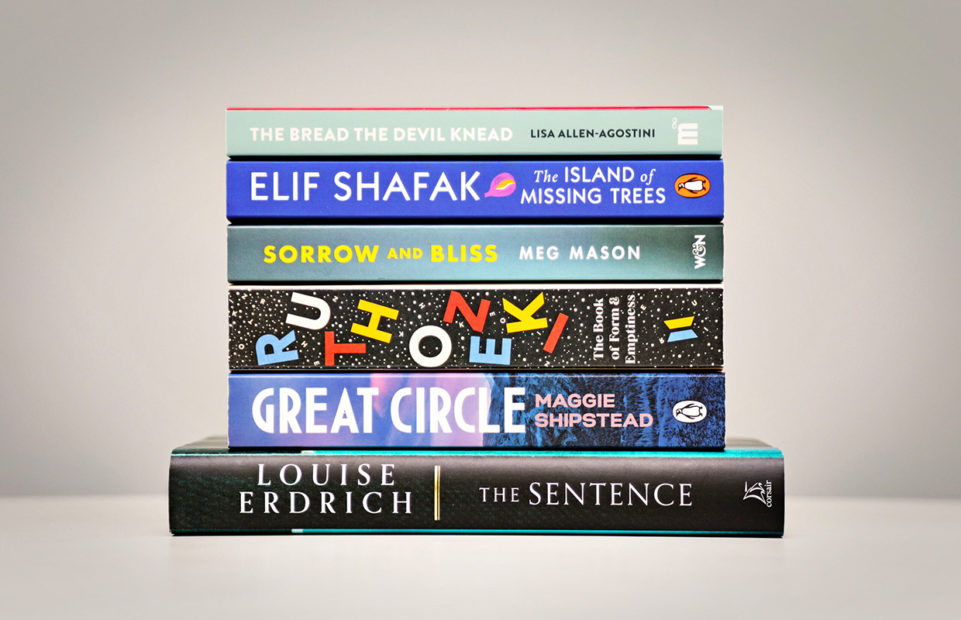 The pile of shortlisted books for the Women's Prize 2022 Lisa Allen-Agostini, The Bread the Devil Knead Louise Erdrich, The Sentence Meg Mason, Sorrow and Bliss Elif Shafak, The Island of Missing Trees Maggie Shipstead, Great Circle