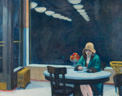 Edward Hopper's Automat shows a woman in 1920s clothes sitting in a café at night staring at a cup of coffee