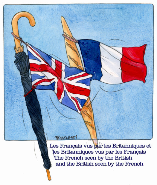 An umbrella with a British flag and a baguette bread with a French flag