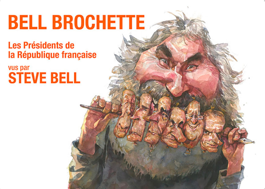 A self-portrait of Steve Bell with the caricatures of several French presidents in front of his mouth. stuck on a fountain pen as if on a kebab skewer.