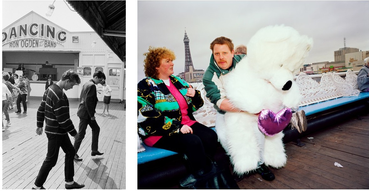 Two young men in Mod outfits seeming to be dancing in front of a building marked dancing, and a womand and young man on a bench with Blackpool Tower in the background. The man is holding an enormous white teddy bear.