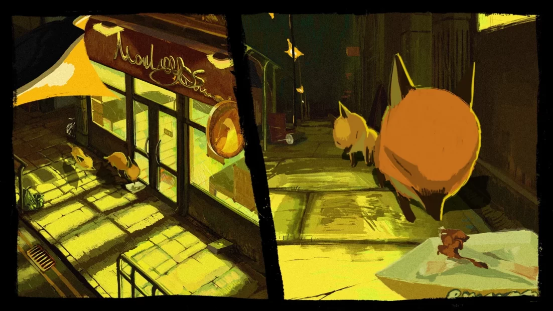 Two stills from the film Suburb about urban foxes