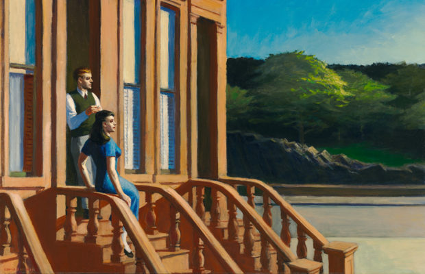 Edward Hopper, Sunlight on Brownstones, 1956. A couple on the front steps of a brownstone building looking at a park
