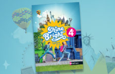 The cover of Shine Bright 4e textbook with teenagers running under a frieze of monuments from the English-speaking world.