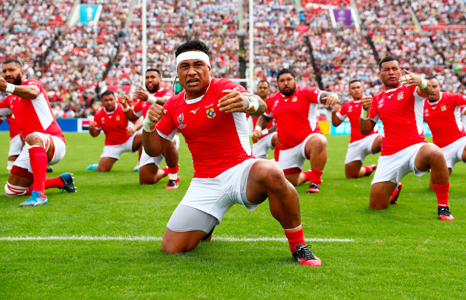 Tonga performing the Sipi Tau before a match against Argentina in the 2019 World Cup.