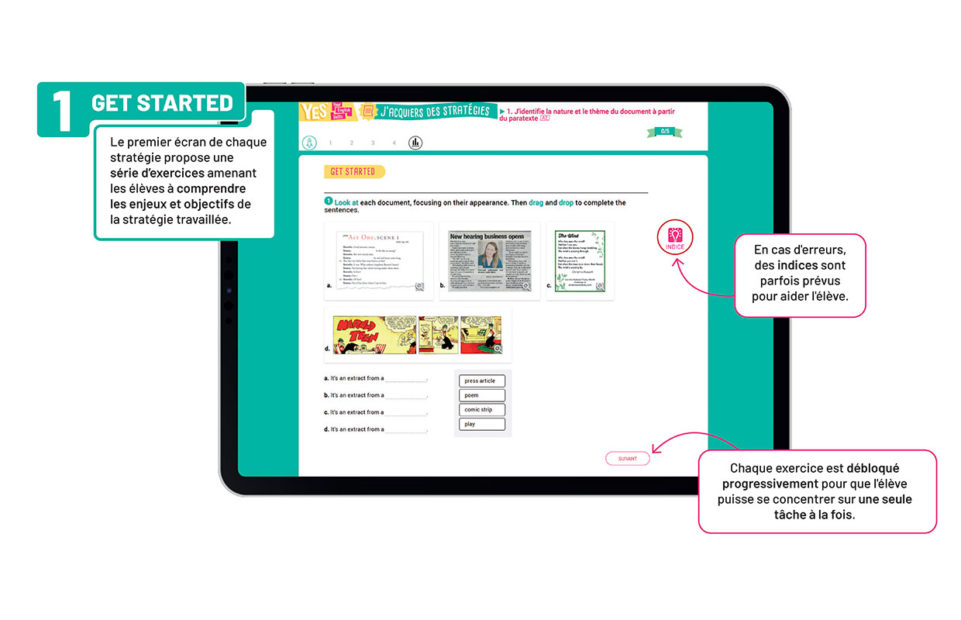 Le premier écran de chaque stratégie propose une série d’exercices amenant les élèves à comprendre les enjeux et objectifs de la stratégie travaillée.
