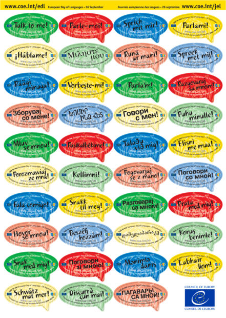 Stickers saying "Talk to me" in many languages