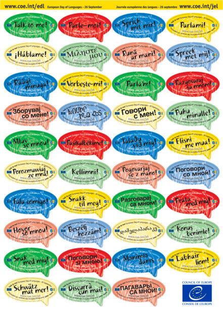 Stickers saying "Talk to me" in many languages