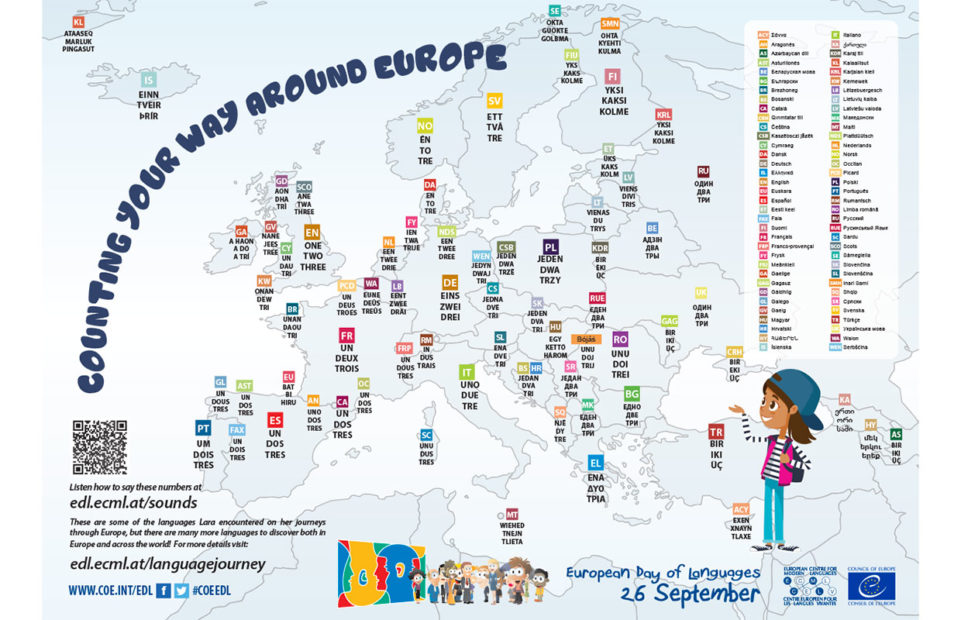 A poster featuring the numbers 1, 2, 3 in all the majority and minority languages from around Europe. There's a QR code so it is possible to listen to them.