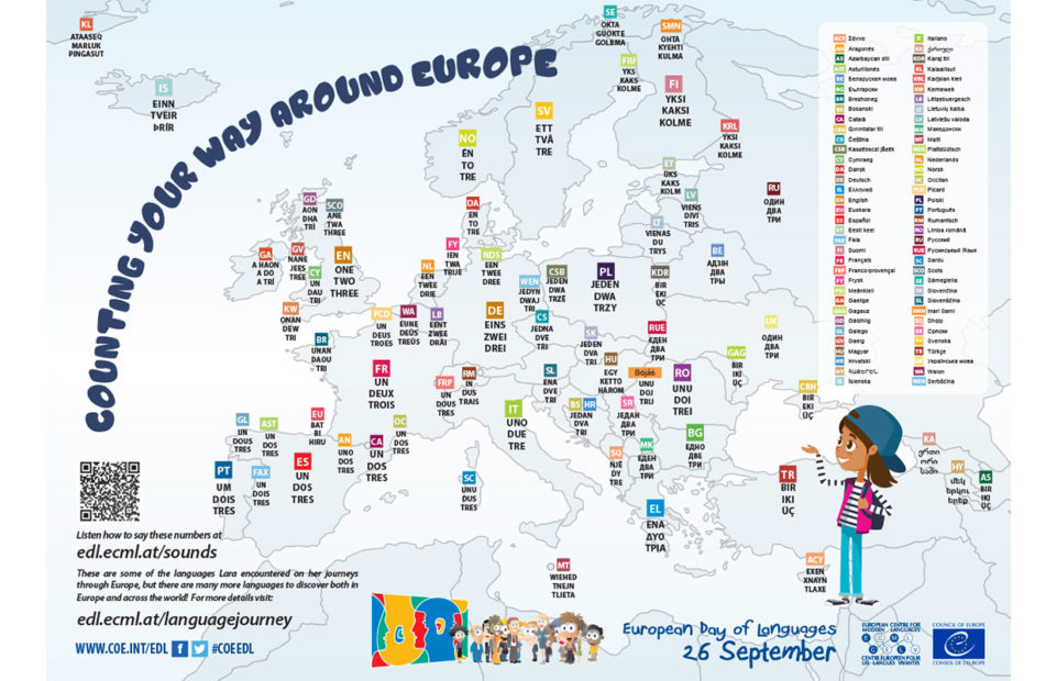 A poster featuring the numbers 1, 2, 3 in all the majority and minority languages from around Europe. There's a QR code so it is possible to listen to them.