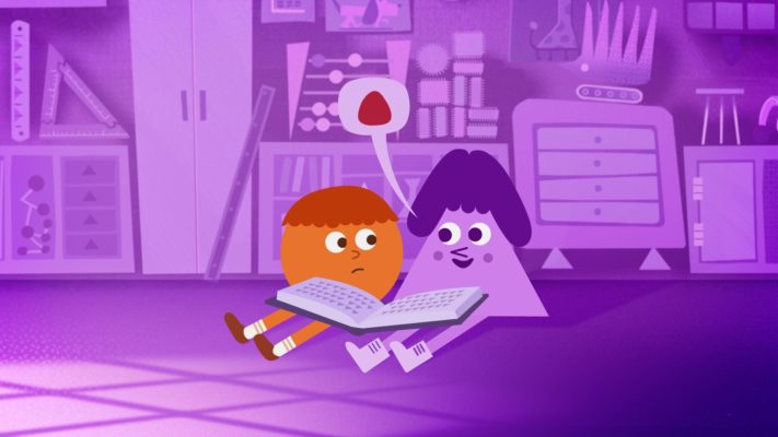 A still from the animated film Home. An orange circle character and a purple triangle character are sitting on the floor reading a book and chatting.