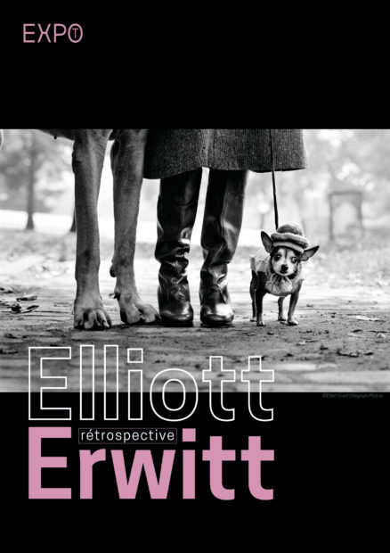 Poster for the Elliott Erwitt exhibition showing human legs with very large dog legs on the left and a tiny dog on the right.