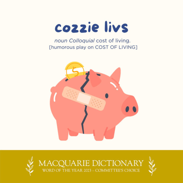A picture of a repaired piggy bank explaining cozzie livs is a contraction of "cost of living".