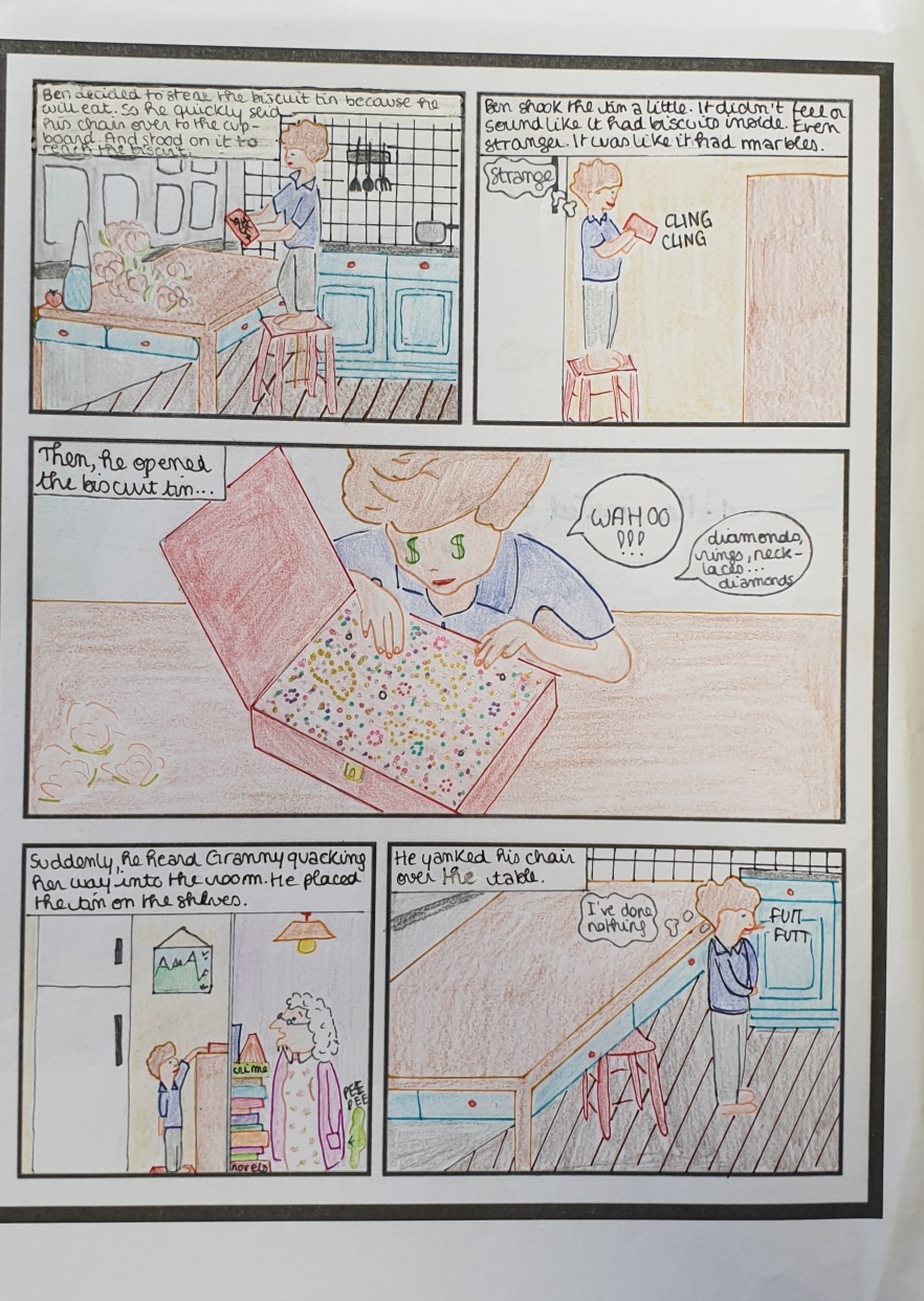 A comic strip of a scene from Gangsta Granny in Granny's kitchen.