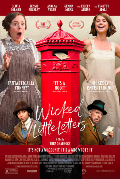 Poster for Wicked Little Letters with Olivia Colman, Jessie Buckley, Ajana Vasan and Timothy Spall and a post box.
