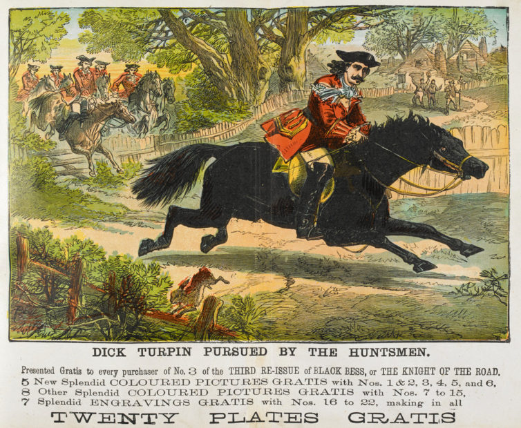 A page from a penny dreadful with an illustration of Dick Turpin on his horse Black Bess being chased.