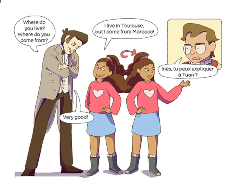 A frame from the comic strip where a man asks one of the pupils where she lives and where she is from.