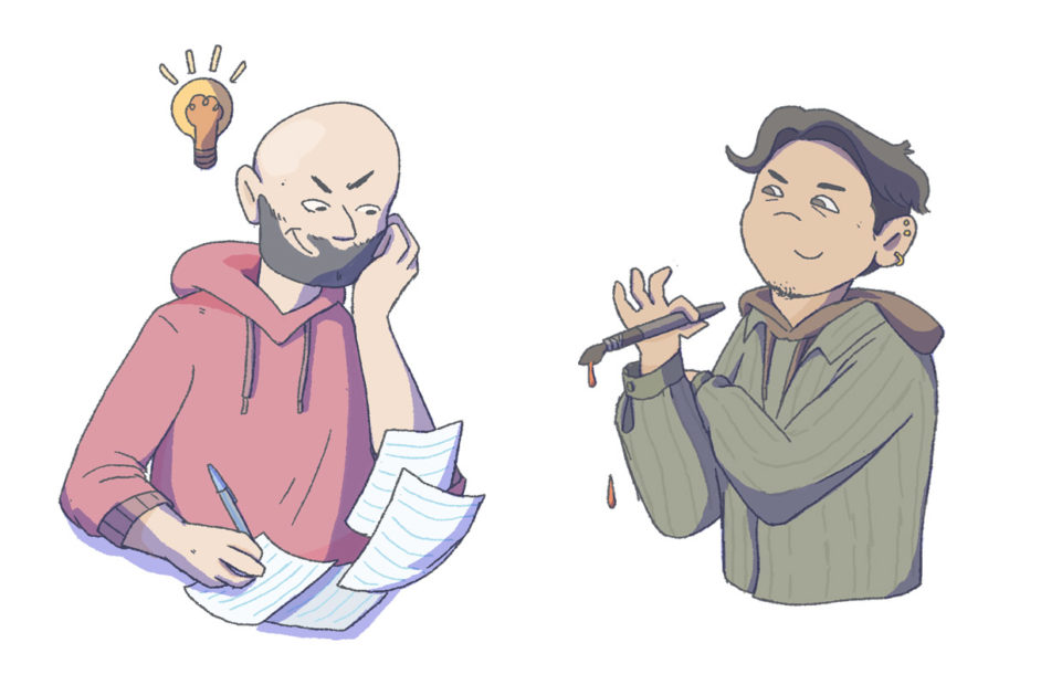 Portraits de William Lafleur et Xuan Le, dessinés par Xuan Le.