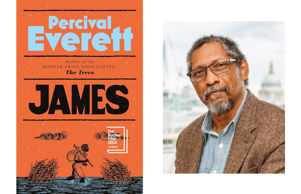 Percival Everett and the cover of his Booker short-listed novel "James".